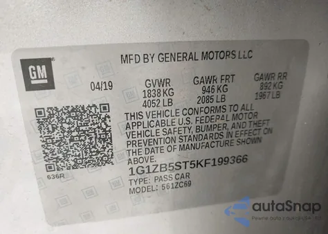 2019 Chevrolet Malibu 1Ls z USA, uszkodzony, nr VIN 1G1ZB5ST5KF199366